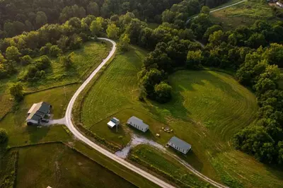 an aerial view of a farm with a road at Rustic Mt Sterling Cabin2 Near Downtown Pets OK in Mount Sterling