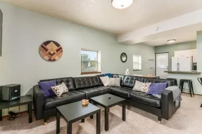 a living room with a black couch and a table at The Mad Cat Inn in Lewis Center