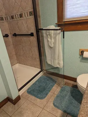 a shower with a glass door in a bathroom at The Lazy Cat Lodge in Lewis Center