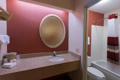 a bathroom with a sink and a mirror and a toilet at Red Roof Inn St Clairsville - Wheeling West in Saint Clairsville