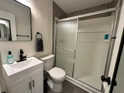 a bathroom with a shower and a toilet and a sink at KING bed, Pet Friendly, Modern Retreat in CLE-BW in Berea