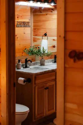a bathroom with a sink and a toilet in a cabin at Sleeps 16! Luxury Cabin with Game Room & Hot Tub in Nelsonville