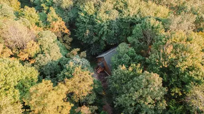 an aerial view of a cabin in the middle of a forest at Cheerful Two Bdrm Cabin with Hot Tub & Pet Friendly in Lancaster