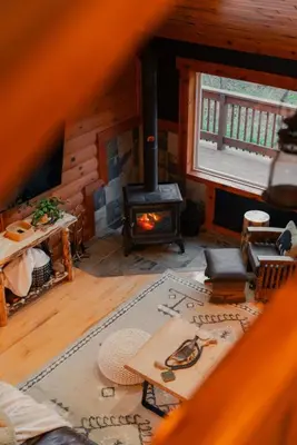 a living room with a wood stove in a cabin at COZY Cabin with Hot Tub - Near all in Hocking Hills in Logan
