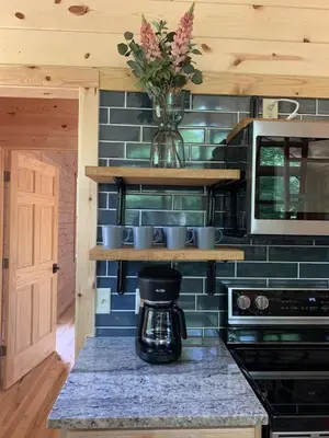 a kitchen with a counter with a vase of flowers at Fern Woods A modern take on Hocking Hills cabins in McArthur
