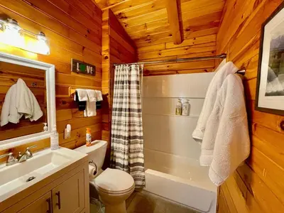 a bathroom with a toilet and a tub and a sink at Fern Hill Cabin in McArthur