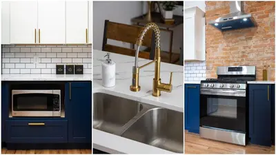 three different views of a kitchen with blue cabinets and a sink at 2BR Townhome - Free Parking, Minutes to Stadiums in Covington