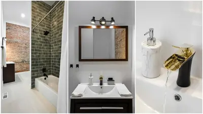 two images of a bathroom with a sink and a mirror at Two Condos for 14 Guests, 5 Bedrooms, Free Parking in Covington