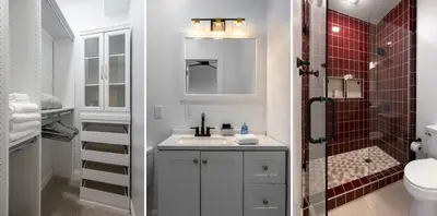 a white bathroom with a sink and a shower at Two Condos for 14 Guests, 5 Bedrooms, Free Parking in Covington