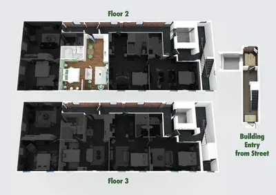 two views of a floor plan of a house at Pickle Factory Hotel - 1BR Historic Downtown with Parking in Covington