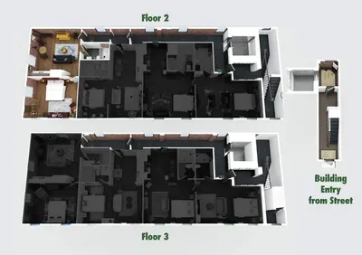 two views of a floor plan of a house at Pickle Factory Hotel - 1BR Close to Stadiums & Bars in Covington