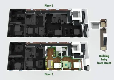 a floor plan of a house with at Pickle Factory Hotel - 2BR Near Stadiums & Downtown in Covington