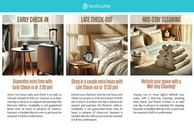 a flyer for a hotel room with a bed and a suitcase at Pickle Factory Hotel - 1BR Near Bars & Restaurants in Covington