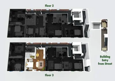 two views of a floor plan of a house at Pickle Factory Hotel - 1BR Near Bars & Restaurants in Covington