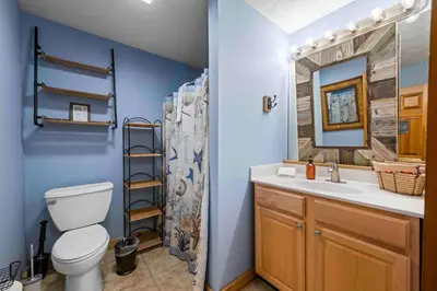 a bathroom with a toilet and a sink at Lakeside Log Home, Private Dock, Near Ark! in Dry Ridge