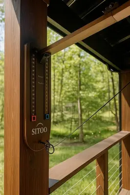 a close up of a window on a porch at Lux Tiny House with Waterfront, Kayaks, Hot Tub, Arcade in Rockbridge