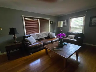 a living room with a leather couch and a coffee table at La Casa delle Pesche in Georgetown