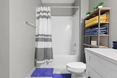 a white bathroom with a shower curtain and a toilet at 1BR • City Views • Queen + SofaBed • WiFi & 2 TVs in Cleveland