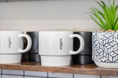 four coffee mugs on a shelf with a plant at Spacious Home Near Hospitals with Office & Game Room in Cleveland Heights
