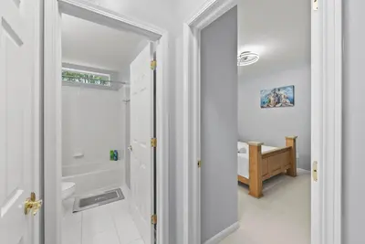 a bathroom with a shower and a toilet in a room at Pickerington Haven - Home for 10 in Pickerington