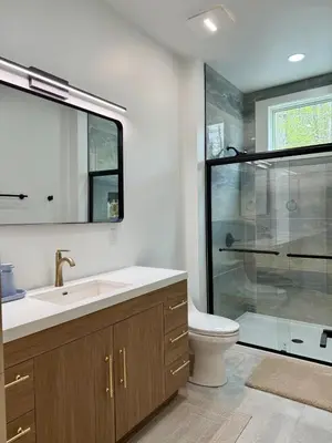 a bathroom with a shower and a sink and a toilet at The Hollow House in McArthur