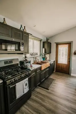 a kitchen with a stove and a sink at The Honey Hut Think of On Golden Pond in Mount Sterling