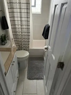 a bathroom with a toilet and a sink and a shower at Gem 1 Downtown Willoughby Historic District in Willoughby