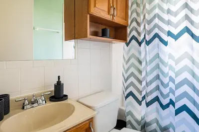 a bathroom with a sink and a toilet and a shower curtain at Pet-Friendly Serenity Spot on Dorthy Lane in Dayton