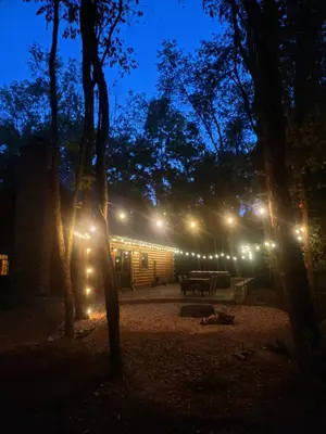 a cabin in the woods at night with lights at WildWood Cabin in Gambier