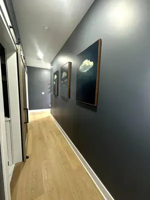 a hallway with four paintings on a wall at Brand NEW Build, D-Town Views, must See in Columbus