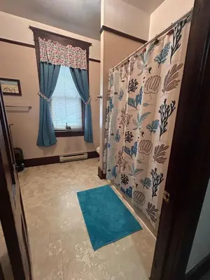 a room with a blue rug and a window at The Historic Hideaway in McConnelsville