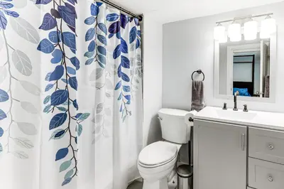 a bathroom with a toilet and a sink and a shower curtain at Walk and Bike Great Miami River Trail Dayton Home in Dayton