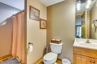 a bathroom with a toilet and a sink at 23 Mi to Mohican SP Group-Ready Lodge with Hot Tub in Brinkhaven