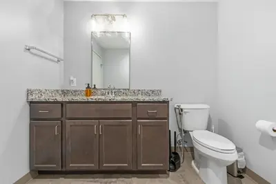 a bathroom with a sink and a toilet and a mirror at DT Fast Wifi Pet Friendly Bidet Sprayer in Cleveland