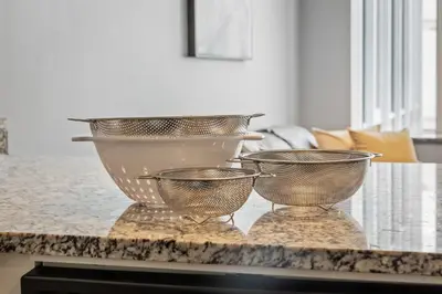 two metal bowls sitting on a counter top at DT Fast Wifi Pet Friendly Bidet Sprayer in Cleveland
