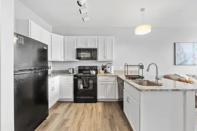 a kitchen with white cabinets and a black refrigerator at DT Fast Wifi Pet Friendly Bidet Sprayer in Cleveland