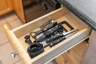 a drawer filled with cooking utensils in a kitchen at Spacious Downtown Loft Bunkbeds 2 TVs Gym in Cleveland