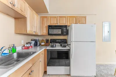 a kitchen with a white refrigerator and a sink at Downtown Gym Sauna Parking Pet Friendly in Cleveland