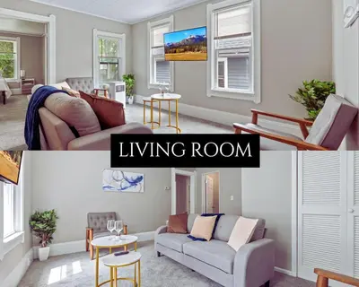 two pictures of a living room with a couch and a living room at Ohio City KING Bed Free Parking Pet Friendly in Cleveland