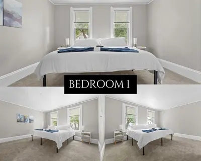 two pictures of a bedroom with a bed and a room with windows at Ohio City KING Bed Free Parking Pet Friendly in Cleveland
