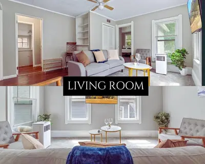 a living room with a couch and a living room with windows at Ohio City KING Bed Free Parking Pet Friendly in Cleveland