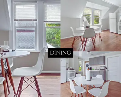 a kitchen and a dining room with a white table and chairs at Ohio City KING Bed Free Parking Pet Friendly in Cleveland