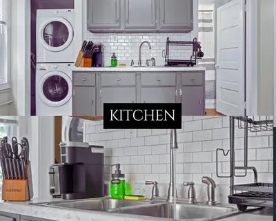 a kitchen with white cabinets and a sink at Ohio City KING Bed Free Parking Pet Friendly in Cleveland