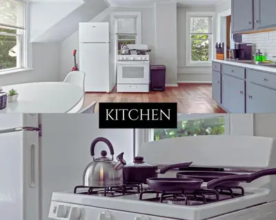 a kitchen with a stove with a tea kettle on it at Ohio City KING Bed Free Parking Pet Friendly in Cleveland