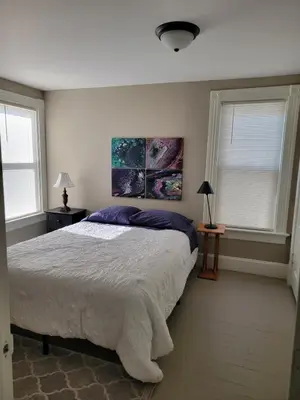 a bedroom with a large bed and two windows at 1895 meets 2025 Townhouse in Hamilton