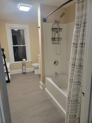 a bathroom with a shower curtain and a toilet at 1895 meets 2025 Townhouse in Hamilton