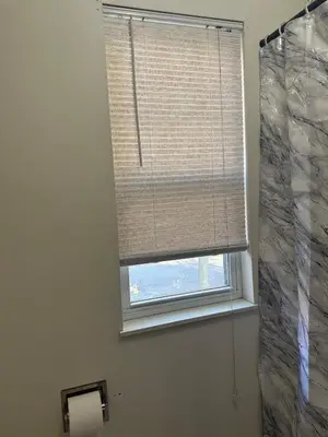 a window in a bathroom with a shower curtain at quiet and comfortable in Cleveland