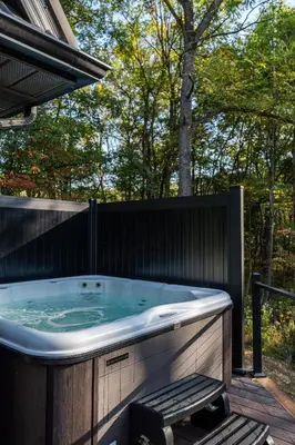 a jacuzzi tub on a deck with trees at Tranquility Cove in Dover