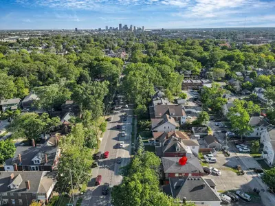 an aerial view of a residential neighborhood with a city at Spacious 5-Bedroom Retreat in Central Columbus Perfect for Groups in Columbus
