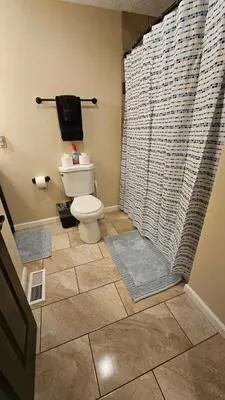 a bathroom with a toilet and a shower curtain at 3 BDR - Your Perfect Getaway! in Warren